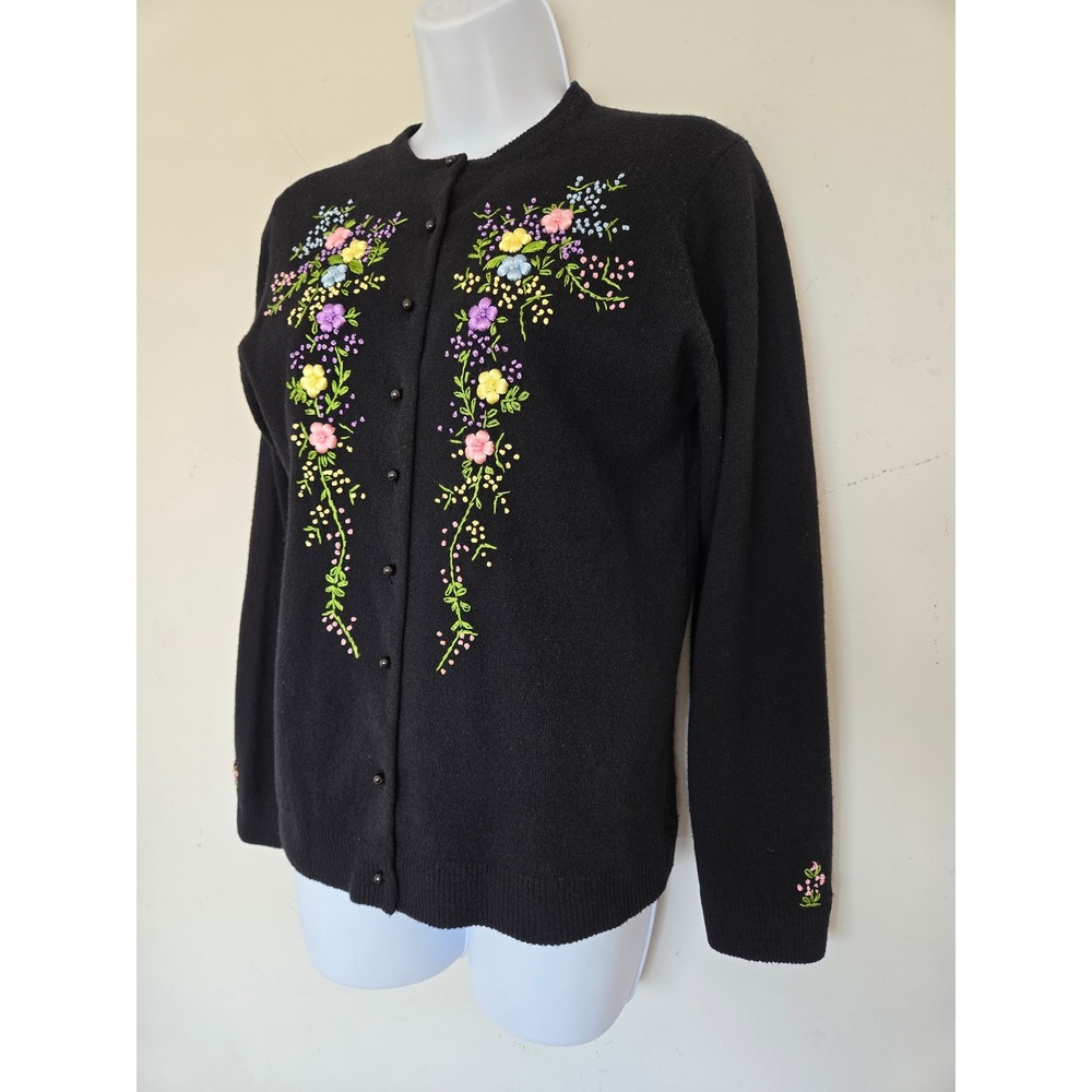 Vtg 60s 70s Black Lambswool Floral Embroidered Cardigan S Folk Art Cottage Fairy - Picture 4 of 11